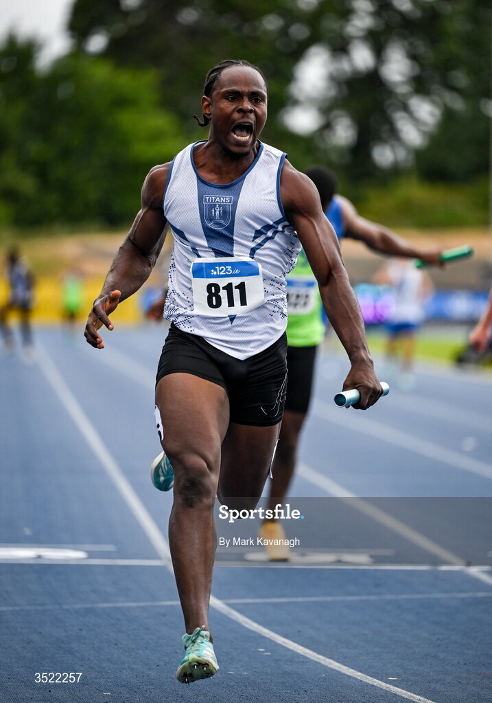 25 July 2026; Kaodichinma Ogbene of Titans A.C. wins the 4x100m relayduring day one of the 123.ie National Senior Track & Field Championships 2026 at Morton Stadium in Dublin. Photo by Mark Kavanagh/Sportsfile