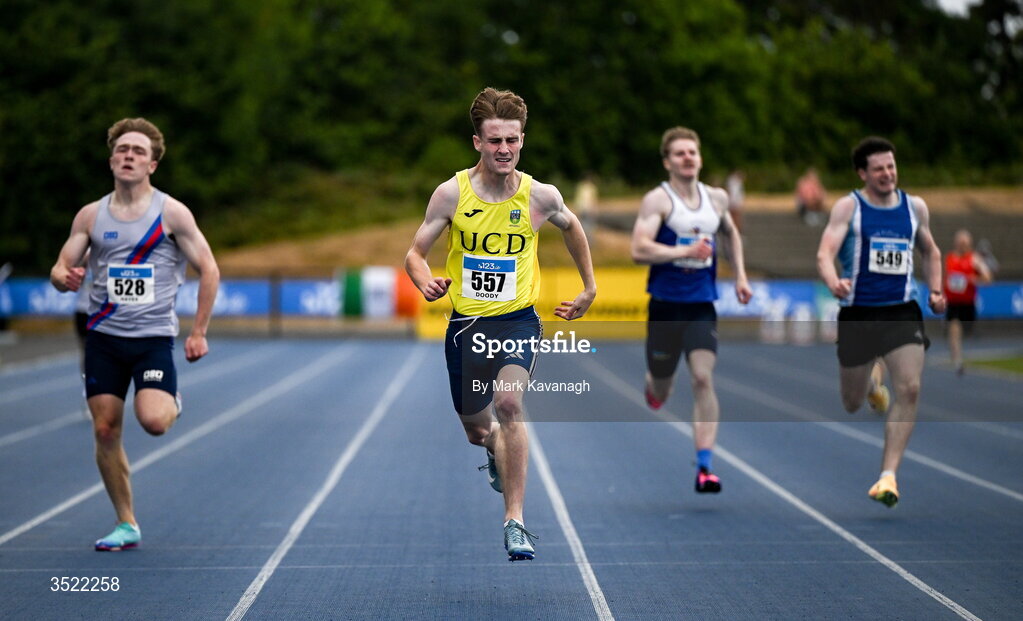 25 July 2026; Joe Doody of U.C.D. A.C. wins his 400m heat during day one of the 123.ie National Senior Track & Field Championships 2026 at Morton Stadium in Dublin. Photo by Mark Kavanagh/Sportsfile