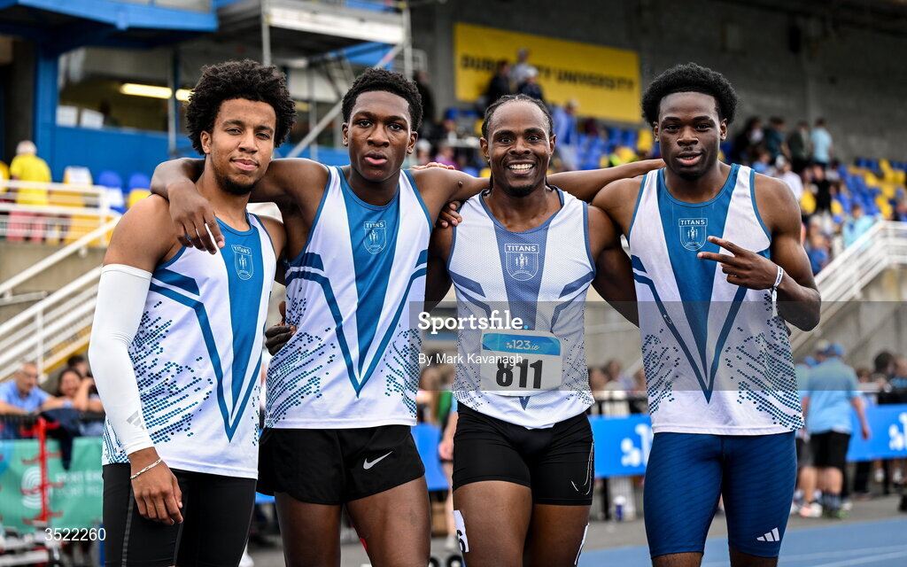 25 July 2026; Titans A.C. athletes from left, Sean Sratton, Kamal Oresanya, Kaodichinma Ogbene and Emmanuel Akinrolie pose after winning in the 4x100m relay during day one of the 123.ie National Senior Track & Field Championships 2026 at Morton Stadium in Dublin. Photo by Mark Kavanagh/Sportsfile
