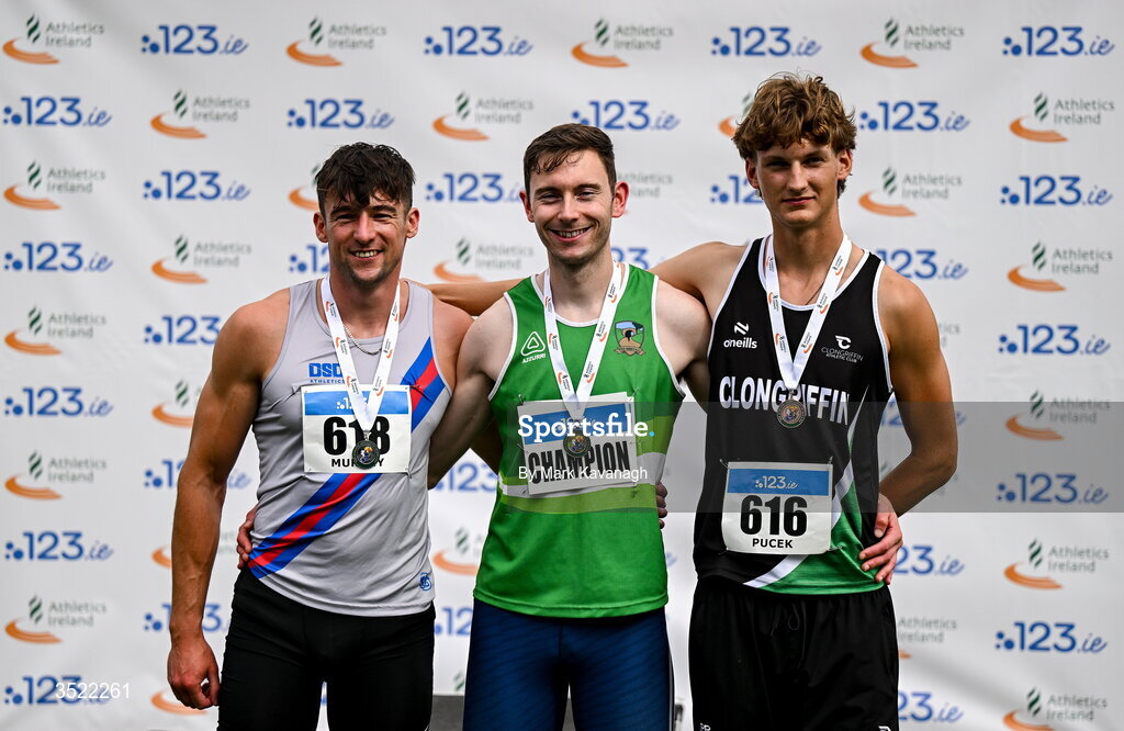 25 July 2026; Men;s high jump presentation from left, Lorcan Murphy of Dundrum South Dublin A.C., silver, David Cussen of Old Abbey A.C., gold, and Patryk Pucek of Clongriffin A.C., bronze during day one of the 123.ie National Senior Track & Field Championships 2026 at Morton Stadium in Dublin. Photo by Mark Kavanagh/Sportsfile
