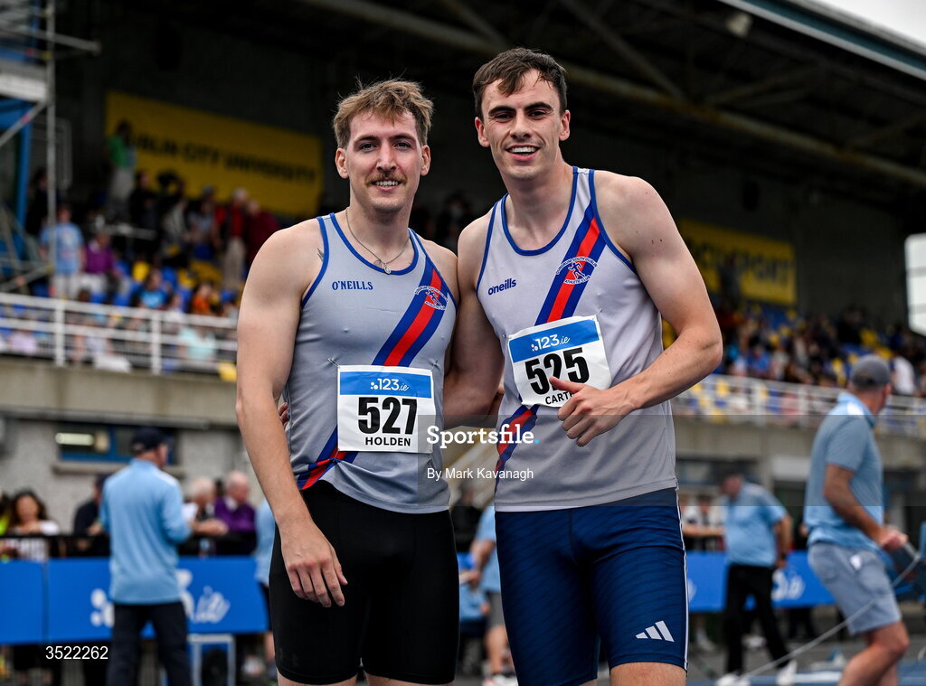 25 July 2026; Dundrum South Dublin A.C.teammates James Holden, left, and Ciaran Carthy pose after the 400m heats during day one of the 123.ie National Senior Track & Field Championships 2026 at Morton Stadium in Dublin. Photo by Mark Kavanagh/Sportsfile
