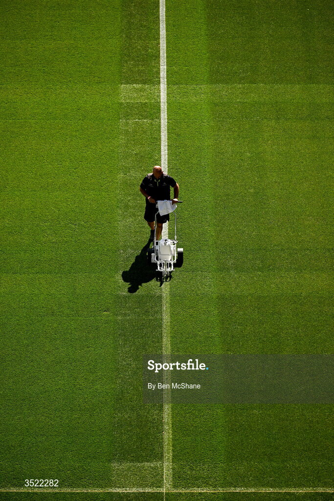 26 July 2026; Pitch markings are applied before the GAA Football All-Ireland Senior Championship final match between Kerry and Mayo at Croke Park in Dublin. Photo by Ben McShane/Sportsfile