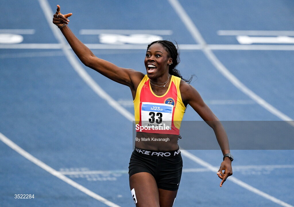 25 July 2026; Rhasidat Adeleke of Tallaght A.C. celebrates winning the 200m final and running a european qualifying time during day one of the 123.ie National Senior Track & Field Championships 2026 at Morton Stadium in Dublin. Photo by Mark Kavanagh/Sportsfile