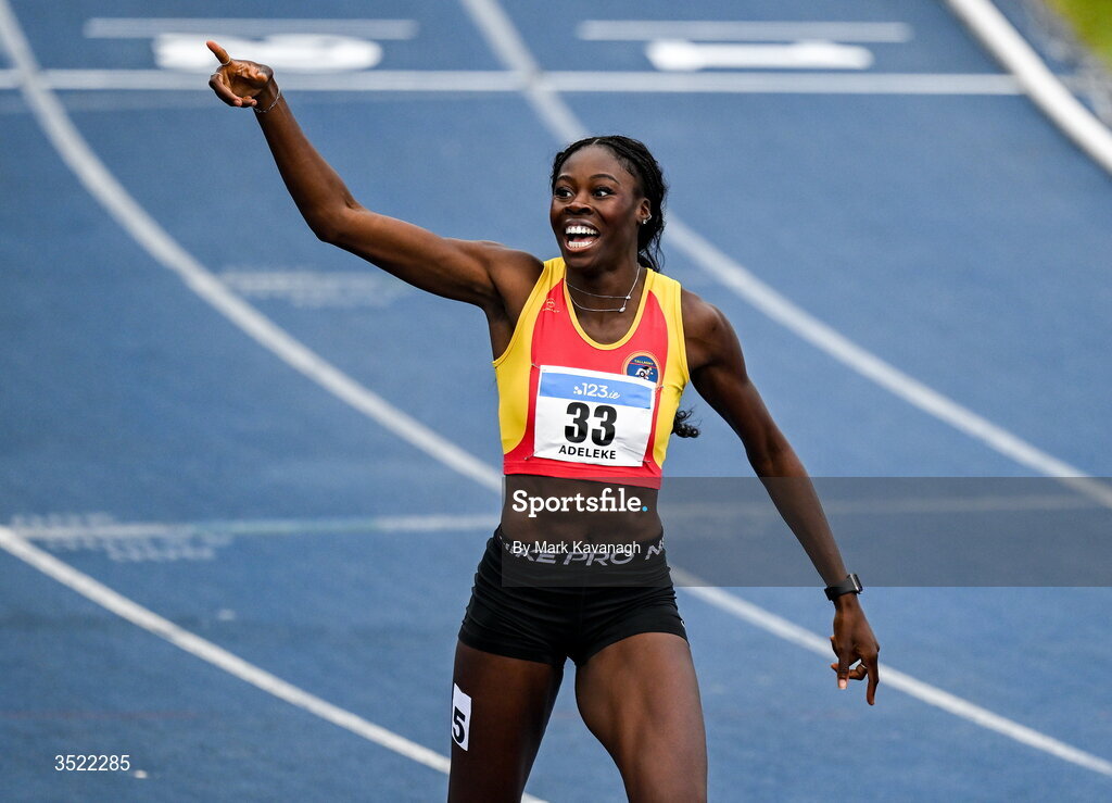 25 July 2026; Rhasidat Adeleke of Tallaght A.C. celebrates winning the 200m final and running a european qualifying time during day one of the 123.ie National Senior Track & Field Championships 2026 at Morton Stadium in Dublin. Photo by Mark Kavanagh/Sportsfile