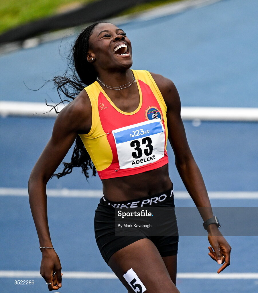 25 July 2026; Rhasidat Adeleke of Tallaght A.C. celebrates winning the 200m final and running a european qualifying time during day one of the 123.ie National Senior Track & Field Championships 2026 at Morton Stadium in Dublin. Photo by Mark Kavanagh/Sportsfile