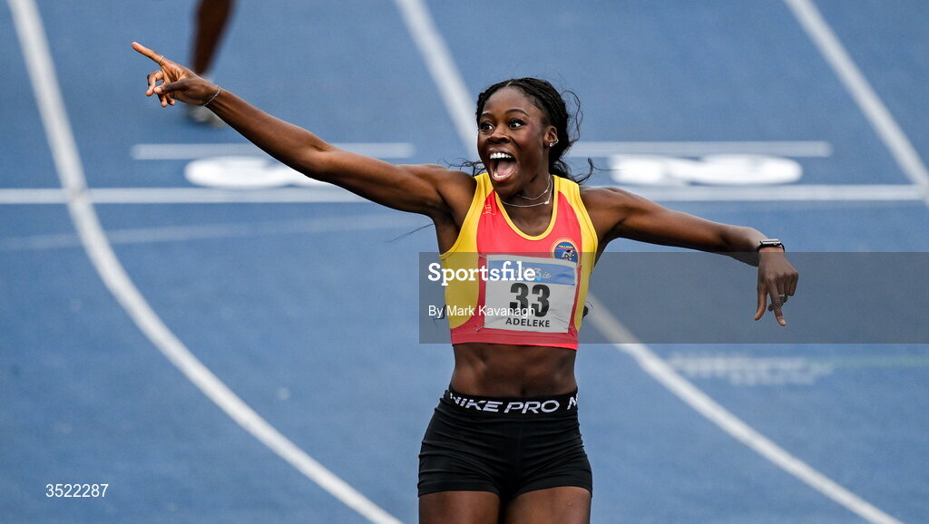 25 July 2026; Rhasidat Adeleke of Tallaght A.C. celebrates winning the 200m final and running a european qualifying time during day one of the 123.ie National Senior Track & Field Championships 2026 at Morton Stadium in Dublin. Photo by Mark Kavanagh/Sportsfile
