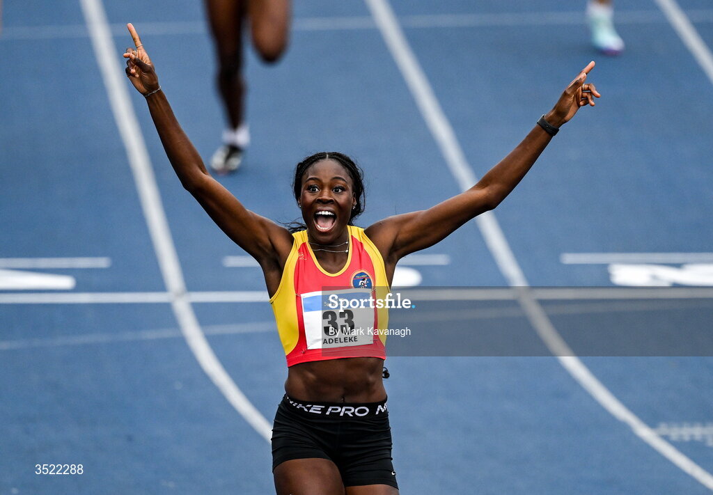 25 July 2026; Rhasidat Adeleke of Tallaght A.C. celebrates winning the 200m final and running a european qualifying time during day one of the 123.ie National Senior Track & Field Championships 2026 at Morton Stadium in Dublin. Photo by Mark Kavanagh/Sportsfile