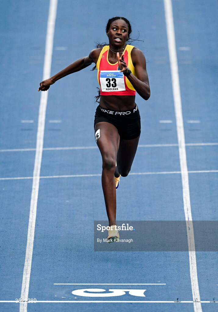 25 July 2026; Rhasidat Adeleke of Tallaght A.C., center, on her way to winning the 200m during day one of the 123.ie National Senior Track & Field Championships 2026 at Morton Stadium in Dublin. Photo by Mark Kavanagh/Sportsfile