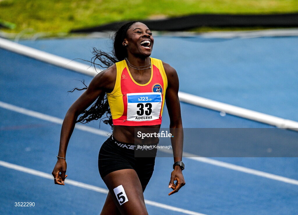 25 July 2026; Rhasidat Adeleke of Tallaght A.C. celebrates winning the 200m final and running a european qualifying time during day one of the 123.ie National Senior Track & Field Championships 2026 at Morton Stadium in Dublin. Photo by Mark Kavanagh/Sportsfile