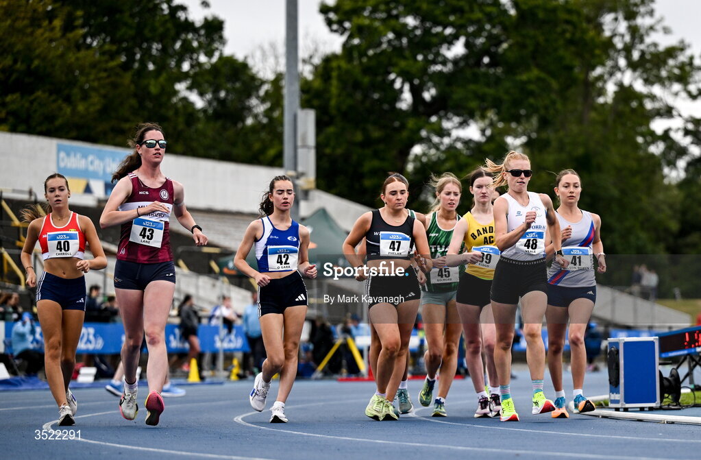 25 July 2026; Kate Veale of West Waterford A.C. leads out in the beginning of the 5000m walk during day one of the 123.ie National Senior Track & Field Championships 2026 at Morton Stadium in Dublin. Photo by Mark Kavanagh/Sportsfile