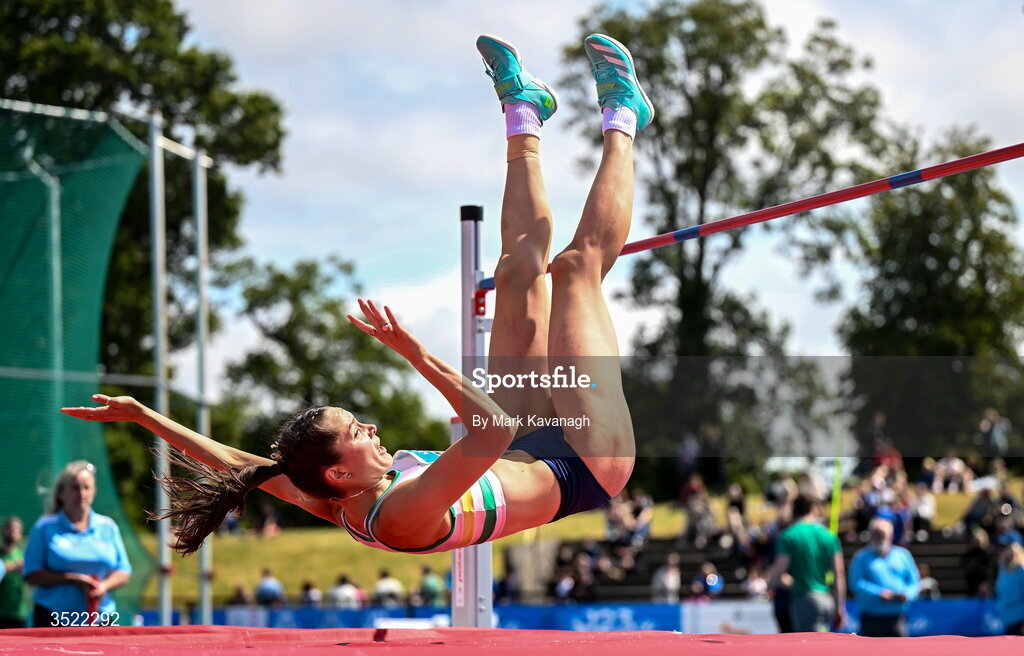 25 July 2026; Daena Kealy of St. Abbans A.C. jumps a PB of 1.87 to win the high jump during day one of the 123.ie National Senior Track & Field Championships 2026 at Morton Stadium in Dublin. Photo by Mark Kavanagh/Sportsfile
