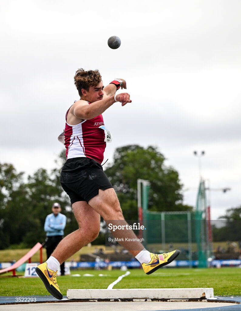 25 July 2026; Liam Shaw of Athenry A.C. competing in the shot put during day one of the 123.ie National Senior Track & Field Championships 2026 at Morton Stadium in Dublin. Photo by Mark Kavanagh/Sportsfile
