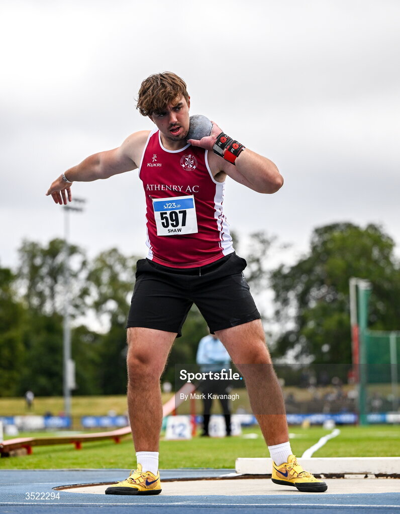 25 July 2026; Liam Shaw of Athenry A.C. competing in the shot put during day one of the 123.ie National Senior Track & Field Championships 2026 at Morton Stadium in Dublin. Photo by Mark Kavanagh/Sportsfile