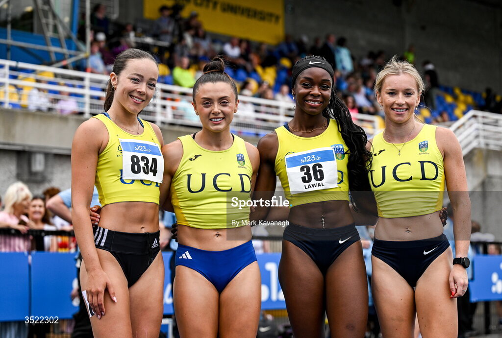 25 July 2026; 4x100m relay winners from left, Rhianna McCarthy, Ella Duane, Debbie Lawal and Aisling Kelly of UCD A.C. during day one of the 123.ie National Senior Track & Field Championships 2026 at Morton Stadium in Dublin. Photo by Mark Kavanagh/Sportsfile