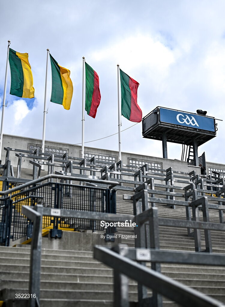26 July 2026; The Kerry and Mayo flags are seen flying above Hill 16 before the GAA Football All-Ireland Senior Championship final match between Kerry and Mayo at Croke Park in Dublin. Photo by David Fitzgerald/Sportsfile