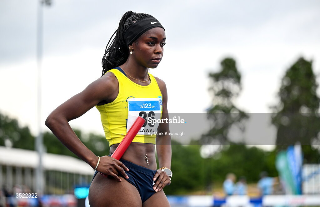 25 July 2026; Debbie Lawal of U.C.D. A.C. competing in the 4x100m relay during day one of the 123.ie National Senior Track & Field Championships 2026 at Morton Stadium in Dublin. Photo by Mark Kavanagh/Sportsfile