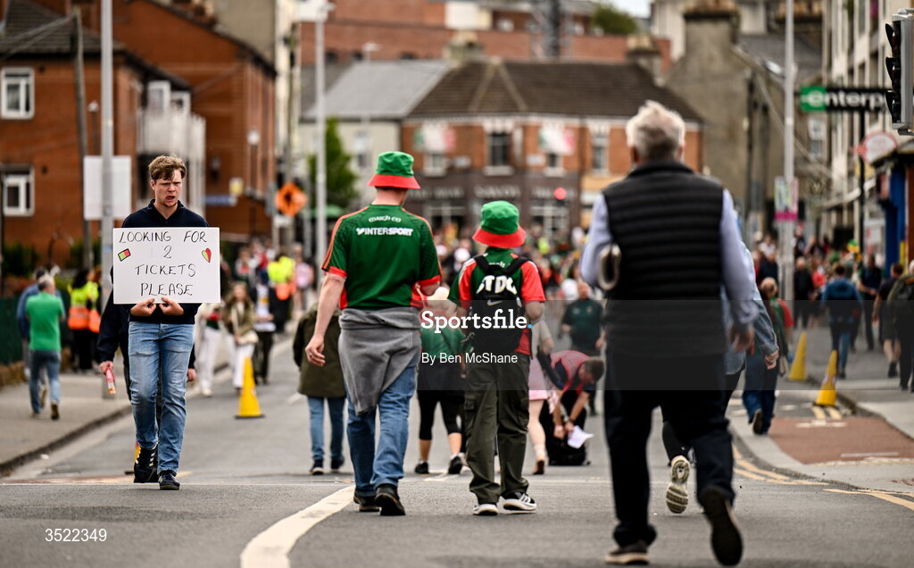26 July 2026; A Mayo supporters searches for tickets on Jones Road ahead of the GAA Football All-Ireland Senior Championship final match between Kerry and Mayo at Croke Park in Dublin. Photo by Ben McShane/Sportsfile