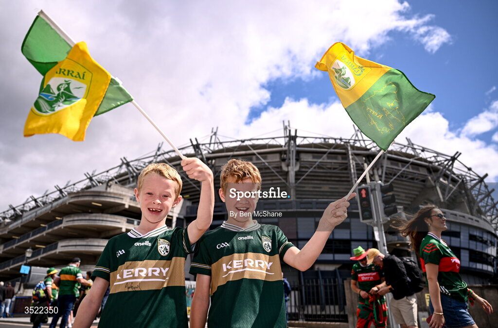 26 July 2026; Kerry supporters Eoghan, left, and Evan Moriarty ahead of the GAA Football All-Ireland Senior Championship final match between Kerry and Mayo at Croke Park in Dublin. Photo by Ben McShane/Sportsfile
