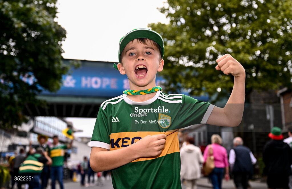 26 July 2026; Kerry supporter Connor Sweeney, aged eight, from Scotstown in Monaghan, ahead of the GAA Football All-Ireland Senior Championship final match between Kerry and Mayo at Croke Park in Dublin. Photo by Ben McShane/Sportsfile