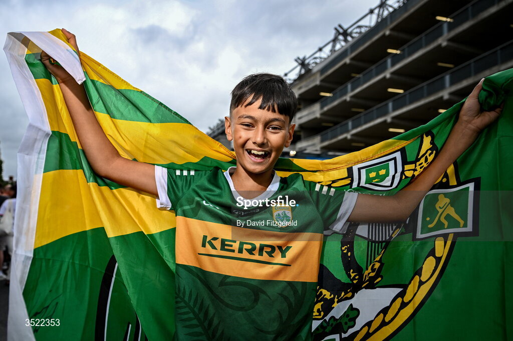 26 July 2026; Kerry supporter Aidan Fabian, aged eleven, from Killarney in Kerry, before the GAA Football All-Ireland Senior Championship final match between Kerry and Mayo at Croke Park in Dublin. Photo by David Fitzgerald/Sportsfile