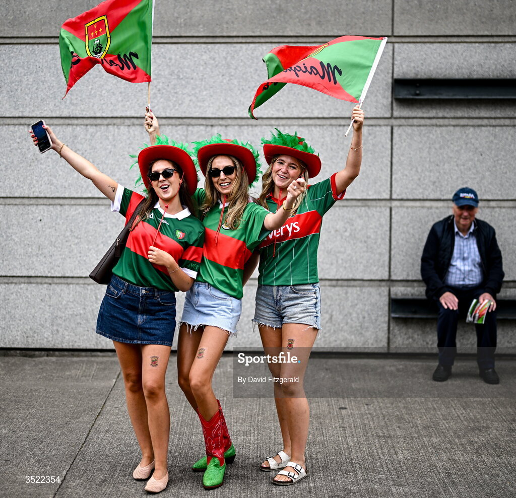 26 July 2026; Mayo supporters Jane, Sophie and Ashley Gibbons, from Shrule in Mayo, before the GAA Football All-Ireland Senior Championship final match between Kerry and Mayo at Croke Park in Dublin. Photo by David Fitzgerald/Sportsfile