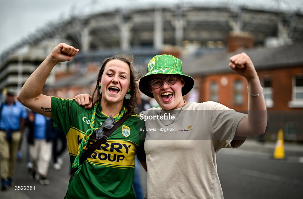 26 July 2026; Kerry supporters Jillian O'Toole, left, and Eleanor Furlong before the GAA Football All-Ireland Senior Championship final match between Kerry and Mayo at Croke Park in Dublin. Photo by David Fitzgerald/Sportsfile