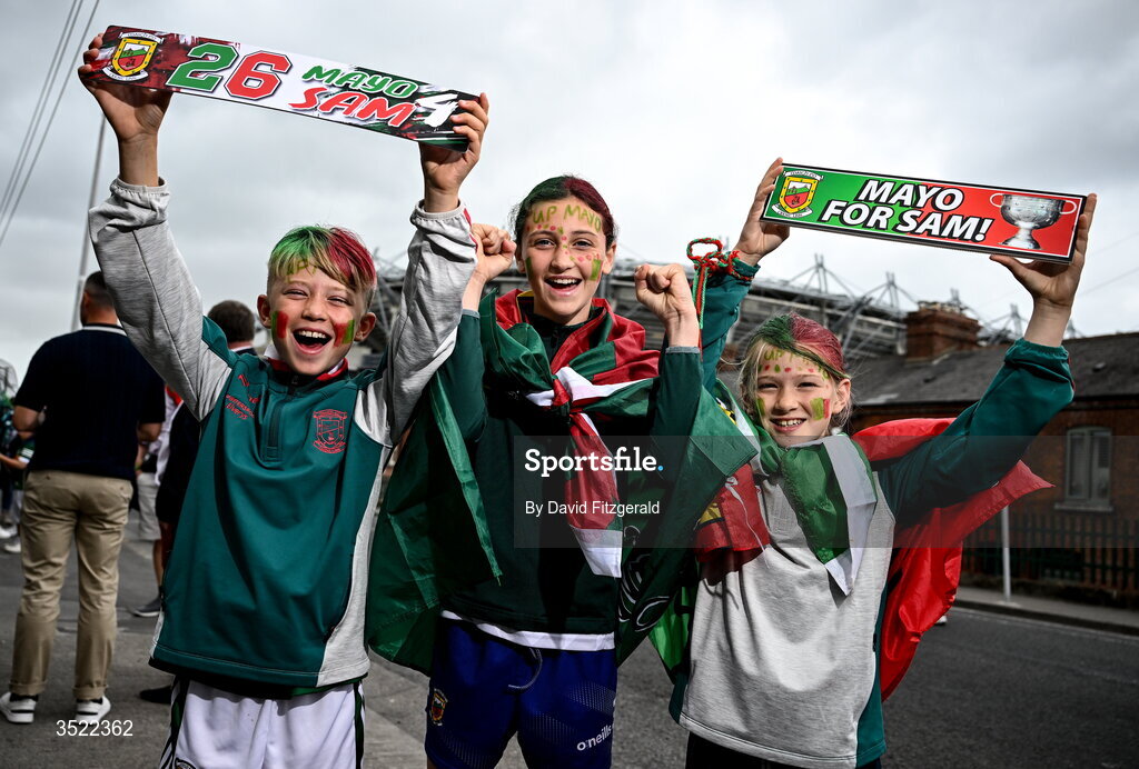 26 July 2026; Mayo supporters Ben Harte, Lauren Nester and Haley Harte, from Knock in Mayo, before the GAA Football All-Ireland Senior Championship final match between Kerry and Mayo at Croke Park in Dublin. Photo by David Fitzgerald/Sportsfile