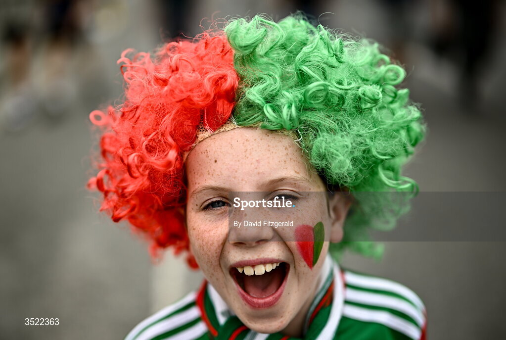 26 July 2026; Mayo supporter Orla Reynolds, aged 11, before the GAA Football All-Ireland Senior Championship final match between Kerry and Mayo at Croke Park in Dublin. Photo by David Fitzgerald/Sportsfile