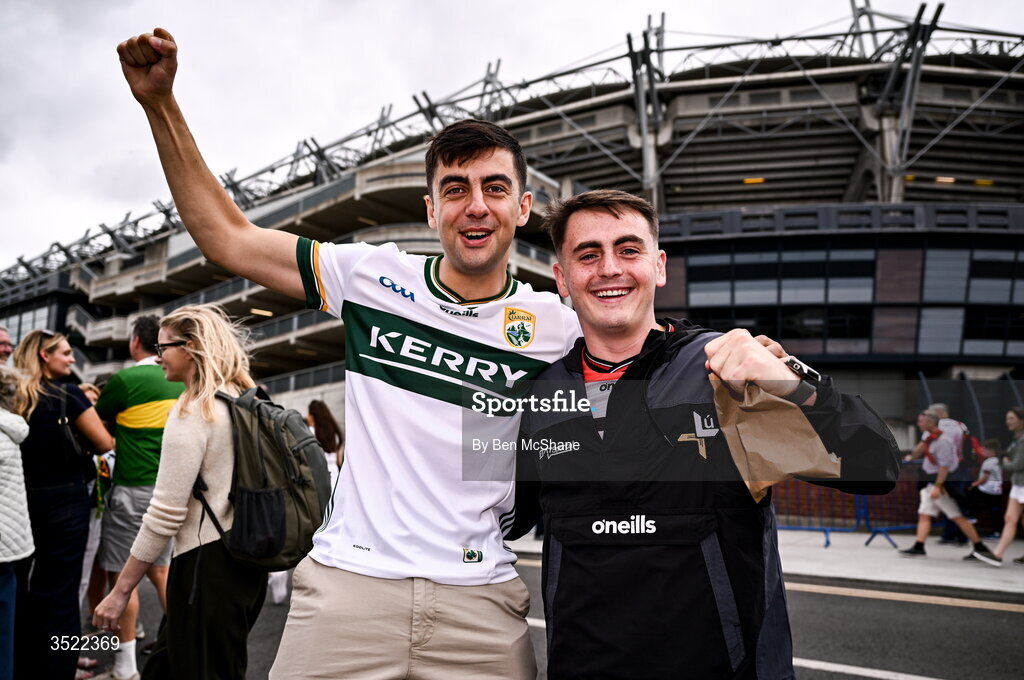 26 July 2026; Kerry supporters Connor Browne, left, and James Smith before the GAA Football All-Ireland Senior Championship final match between Kerry and Mayo at Croke Park in Dublin. Photo by Ben McShane/Sportsfile
