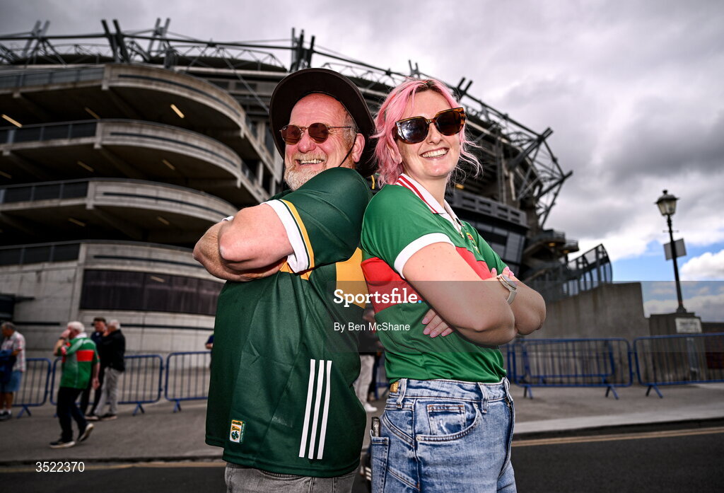 26 July 2026; Kerry supporter Paul McCormack, left, and Mayo supporter Fainche McCormack before the GAA Football All-Ireland Senior Championship final match between Kerry and Mayo at Croke Park in Dublin. Photo by Ben McShane/Sportsfile