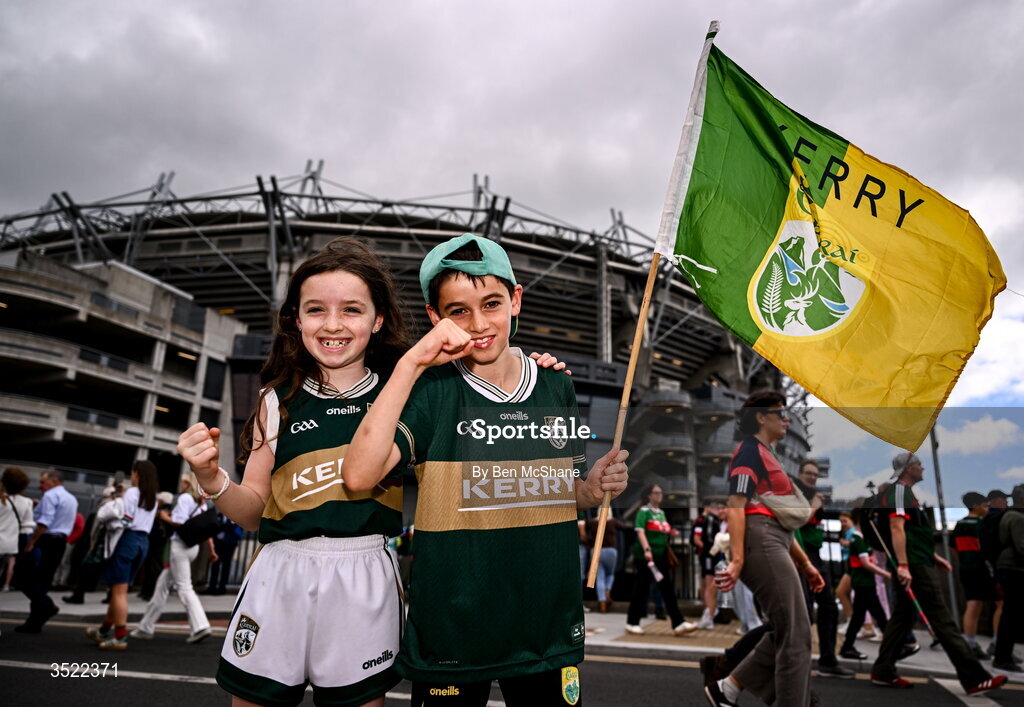 26 July 2026; Kerry supporters Siún, left, and Adam Scott, from Tralee in Kerry, before the GAA Football All-Ireland Senior Championship final match between Kerry and Mayo at Croke Park in Dublin. Photo by Ben McShane/Sportsfile