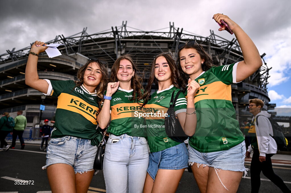 26 July 2026; Kerry supporters, from left, Bronagh O'Connor, Enya Schmidt, Sarah Fitzgerald and Maria O'Sullivan before the GAA Football All-Ireland Senior Championship final match between Kerry and Mayo at Croke Park in Dublin. Photo by Ben McShane/Sportsfile