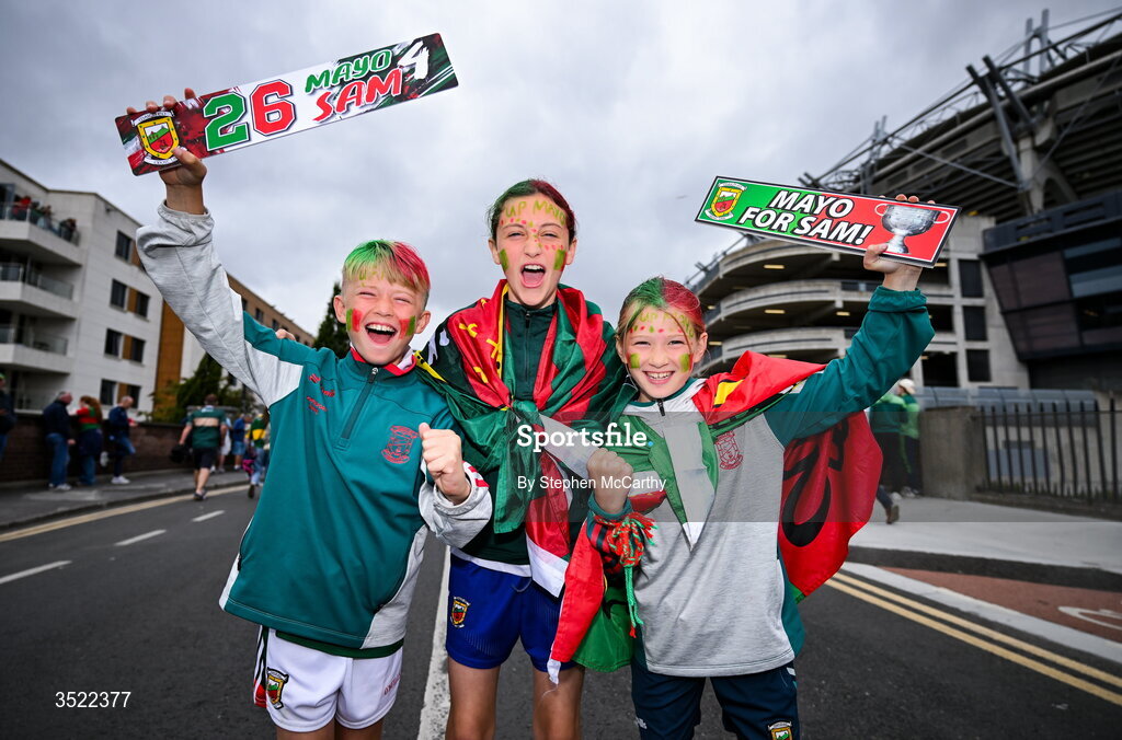26 July 2026; Mayo supporters, from left, Ben Harte, Lauren Nester and Holly Harte before the GAA Football All-Ireland Senior Championship final match between Kerry and Mayo at Croke Park in Dublin. Photo by Stephen McCarthy/Sportsfile