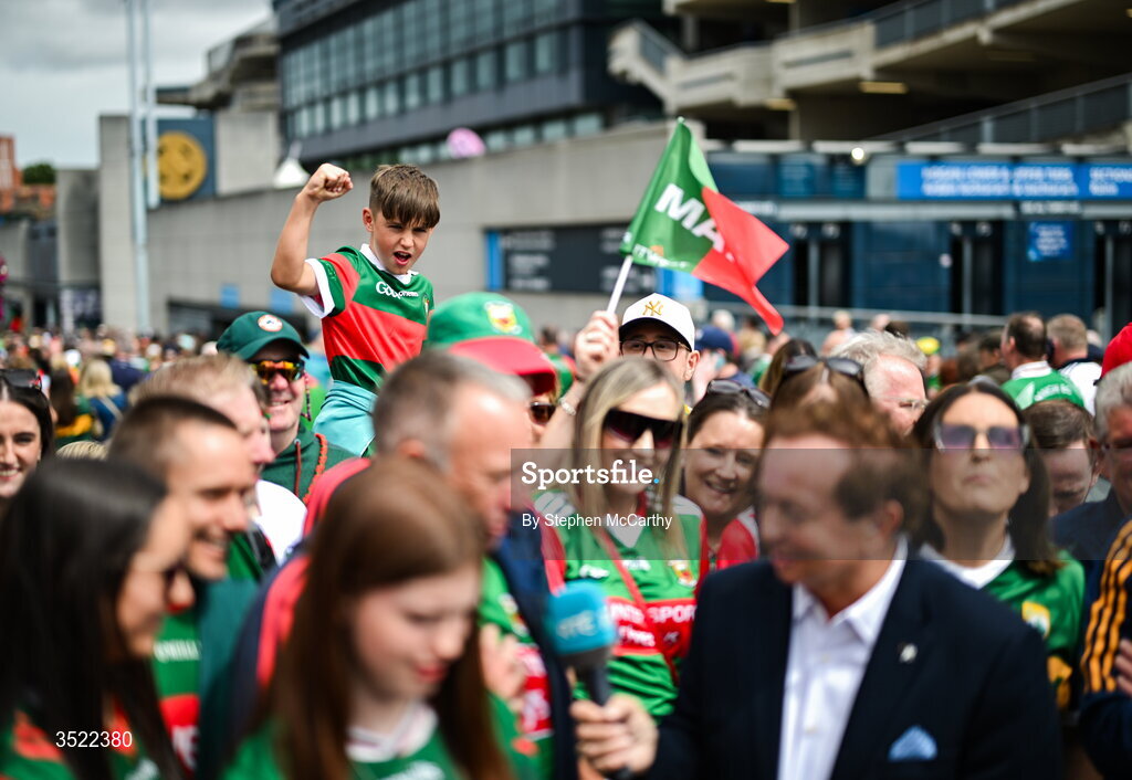 26 July 2026; Mayo supporters arrive ahead of the GAA Football All-Ireland Senior Championship final match between Kerry and Mayo at Croke Park in Dublin. Photo by Stephen McCarthy/Sportsfile