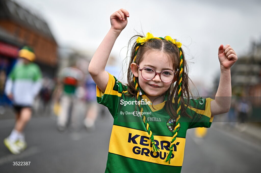 26 July 2026; Kerry supporter Holly O'Mahony, aged six, from Killarney in Kerry, before the GAA Football All-Ireland Senior Championship final match between Kerry and Mayo at Croke Park in Dublin. Photo by David Fitzgerald/Sportsfile
