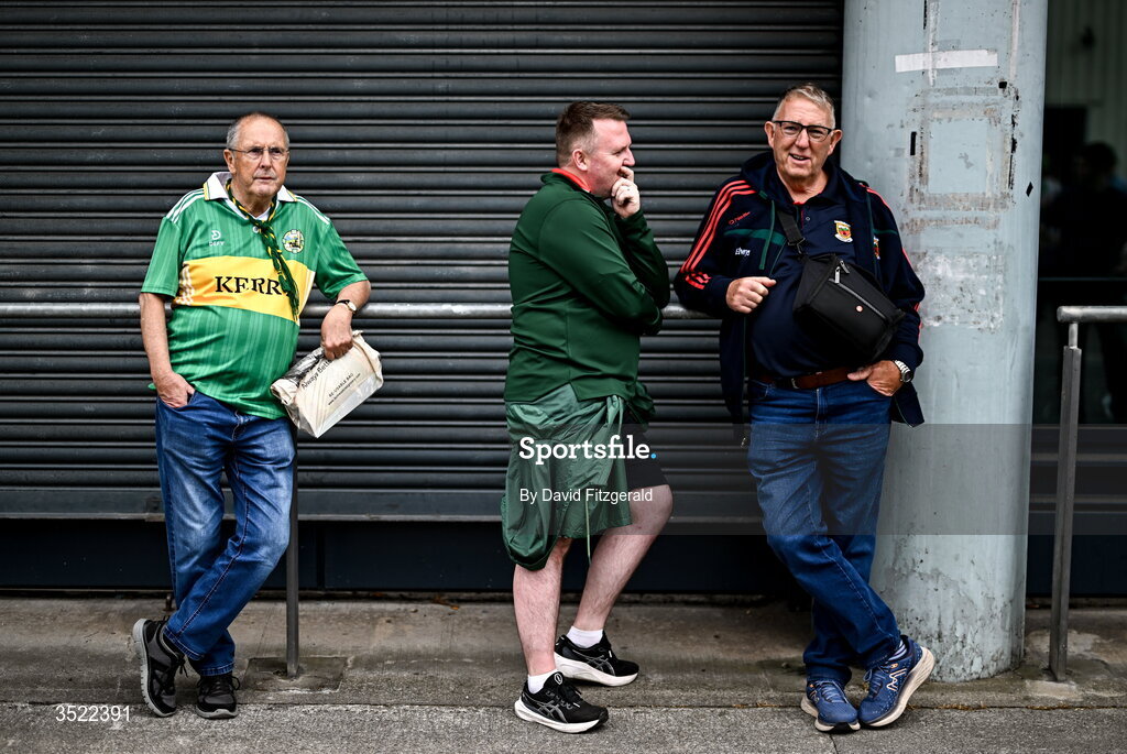 26 July 2026; Two Mayo supporters are joined by a Kerry supporter before the GAA Football All-Ireland Senior Championship final match between Kerry and Mayo at Croke Park in Dublin. Photo by David Fitzgerald/Sportsfile