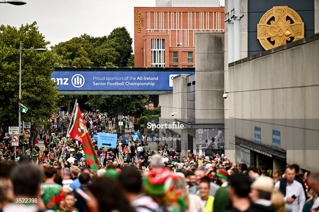 26 July 2026; Supporters arrive ahead of the GAA Football All-Ireland Senior Championship final match between Kerry and Mayo at Croke Park in Dublin. Photo by Ben McShane/Sportsfile