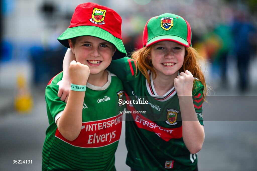 26 July 2026; Jake Heneghan, aged 8, and Lily Heneghan, aged 10, from Hollymount, Co Mayo, ahead of the GAA Football All-Ireland Senior Championship final match between Kerry and Mayo at Croke Park in Dublin. Photo by Daire Brennan/Sportsfile