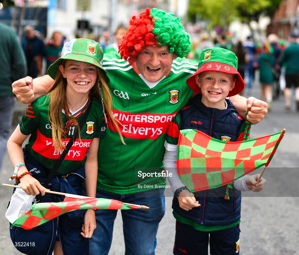 26 July 2026; Mayo supporters, Mya Hickey, aged 13, Tom Hickey, and Conor Hickey, aged 9, from Toreen, Co Mayo, ahead of the GAA Football All-Ireland Senior Championship final match between Kerry and Mayo at Croke Park in Dublin. Photo by Daire Brennan/Sportsfile