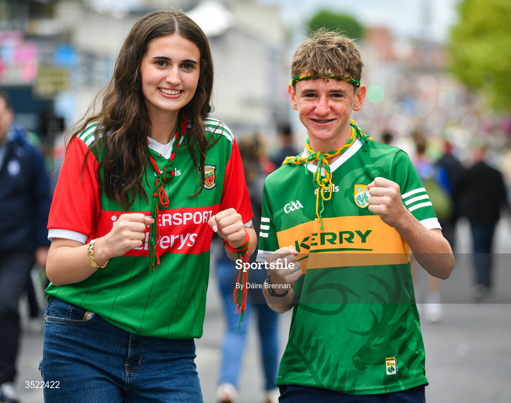 26 July 2026; Ella Comerford, from Westport, Mayo, with her cousin Aidan Comerford, from New York and Kenmare, Kerry, ahead of the GAA Football All-Ireland Senior Championship final match between Kerry and Mayo at Croke Park in Dublin. Photo by Daire Brennan/Sportsfile