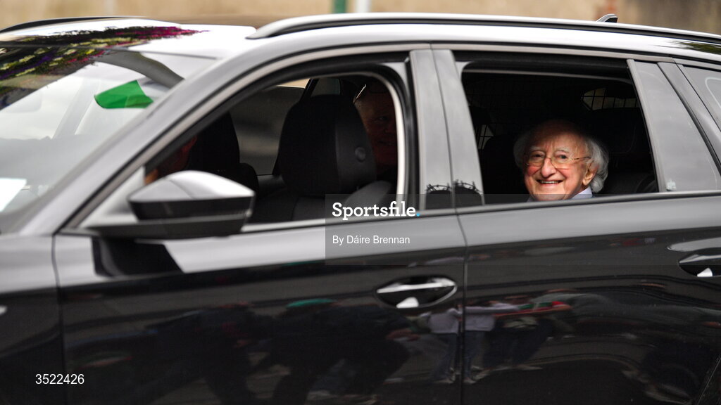 26 July 2026; Former President of Ireland Michael D Higgins arrives ahead of the GAA Football All-Ireland Senior Championship final match between Kerry and Mayo at Croke Park in Dublin. Photo by Daire Brennan/Sportsfile