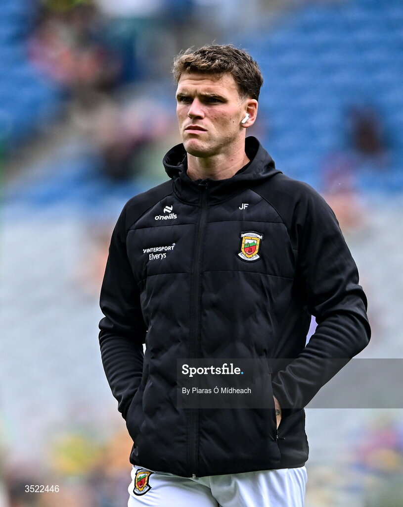 26 July 2026; Jordan Flynn of Mayo walks the pitch before the GAA Football All-Ireland Senior Championship final match between Kerry and Mayo at Croke Park in Dublin. Photo by Piaras Ó Mídheach/Sportsfile