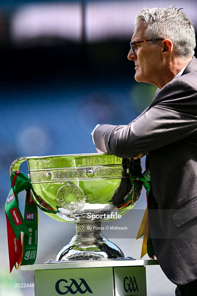 26 July 2026; Uachtarán Chumann Lúthchleas Gael Jarlath Burns with the Sam Maguire Cup ahead of the GAA Football All-Ireland Senior Championship final match between Kerry and Mayo at Croke Park in Dublin. Photo by Piaras Ó Mídheach/Sportsfile