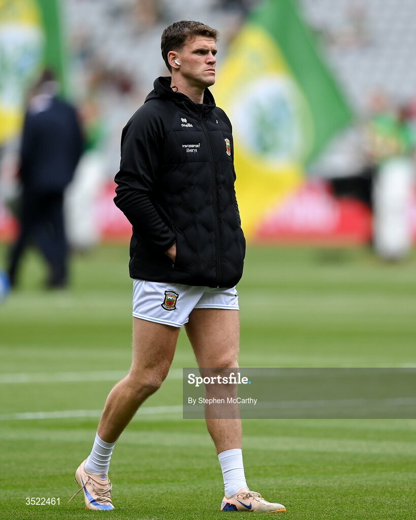 26 July 2026; Jordan Flynn of Mayo walks the pitch before the GAA Football All-Ireland Senior Championship final match between Kerry and Mayo at Croke Park in Dublin. Photo by Stephen McCarthy/Sportsfile