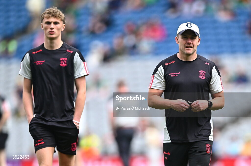 26 July 2026; Mayo manager Andy Moran, right, and Kobe McDonald of Mayo walks the pitch ahead of the GAA Football All-Ireland Senior Championship final match between Kerry and Mayo at Croke Park in Dublin. Photo by Piaras Ó Mídheach/Sportsfile