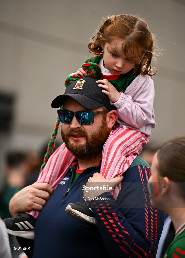 26 July 2026; Mayo supporters arrive ahead of the GAA Football All-Ireland Senior Championship final match between Kerry and Mayo at Croke Park in Dublin. Photo by Ben McShane/Sportsfile