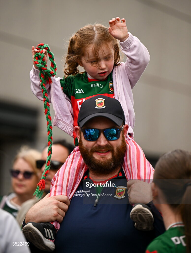 26 July 2026; Mayo supporters arrive ahead of the GAA Football All-Ireland Senior Championship final match between Kerry and Mayo at Croke Park in Dublin. Photo by Ben McShane/Sportsfile
