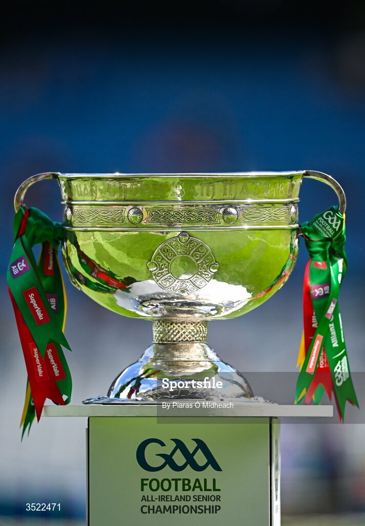 26 July 2026; The Sam Maguire Cup is seen before the GAA Football All-Ireland Senior Championship final match between Kerry and Mayo at Croke Park in Dublin. Photo by Piaras Ó Mídheach/Sportsfile