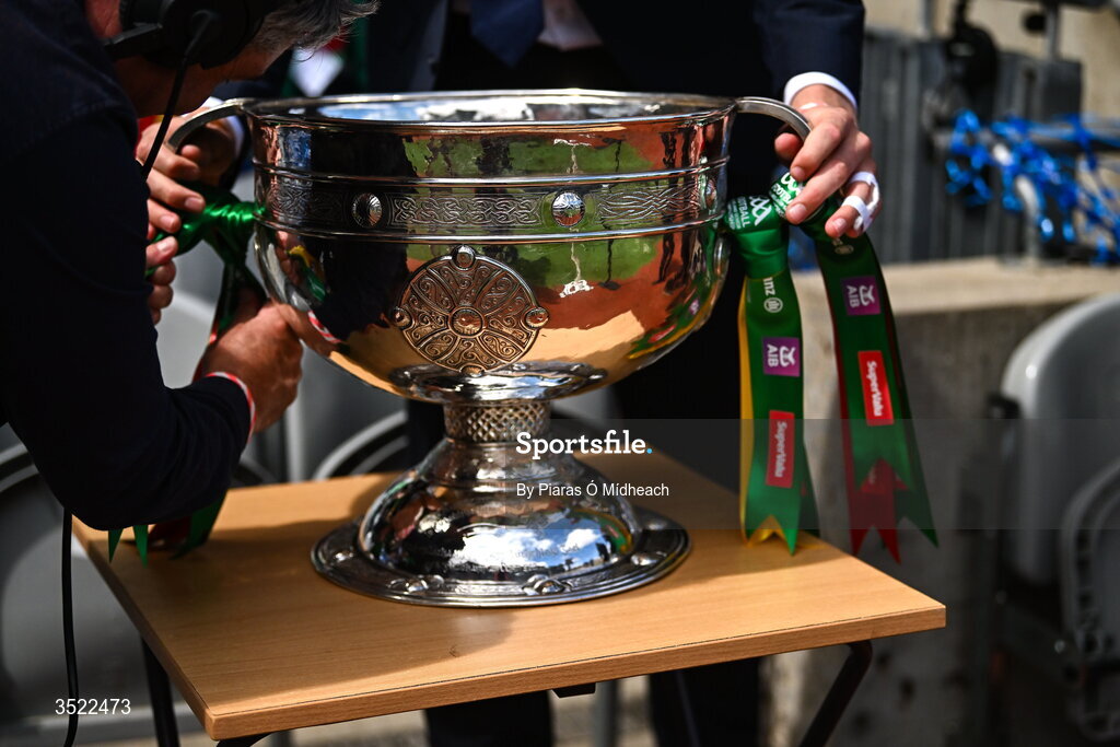26 July 2026; The Sam Maguire Cup is seen before the GAA Football All-Ireland Senior Championship final match between Kerry and Mayo at Croke Park in Dublin. Photo by Piaras Ó Mídheach/Sportsfile