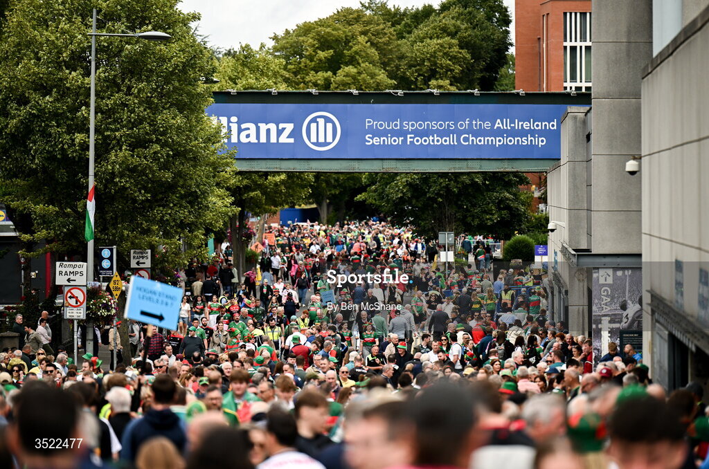 26 July 2026; Supporters walk Jones Road before the GAA Football All-Ireland Senior Championship final match between Kerry and Mayo at Croke Park in Dublin. Photo by Ben McShane/Sportsfile